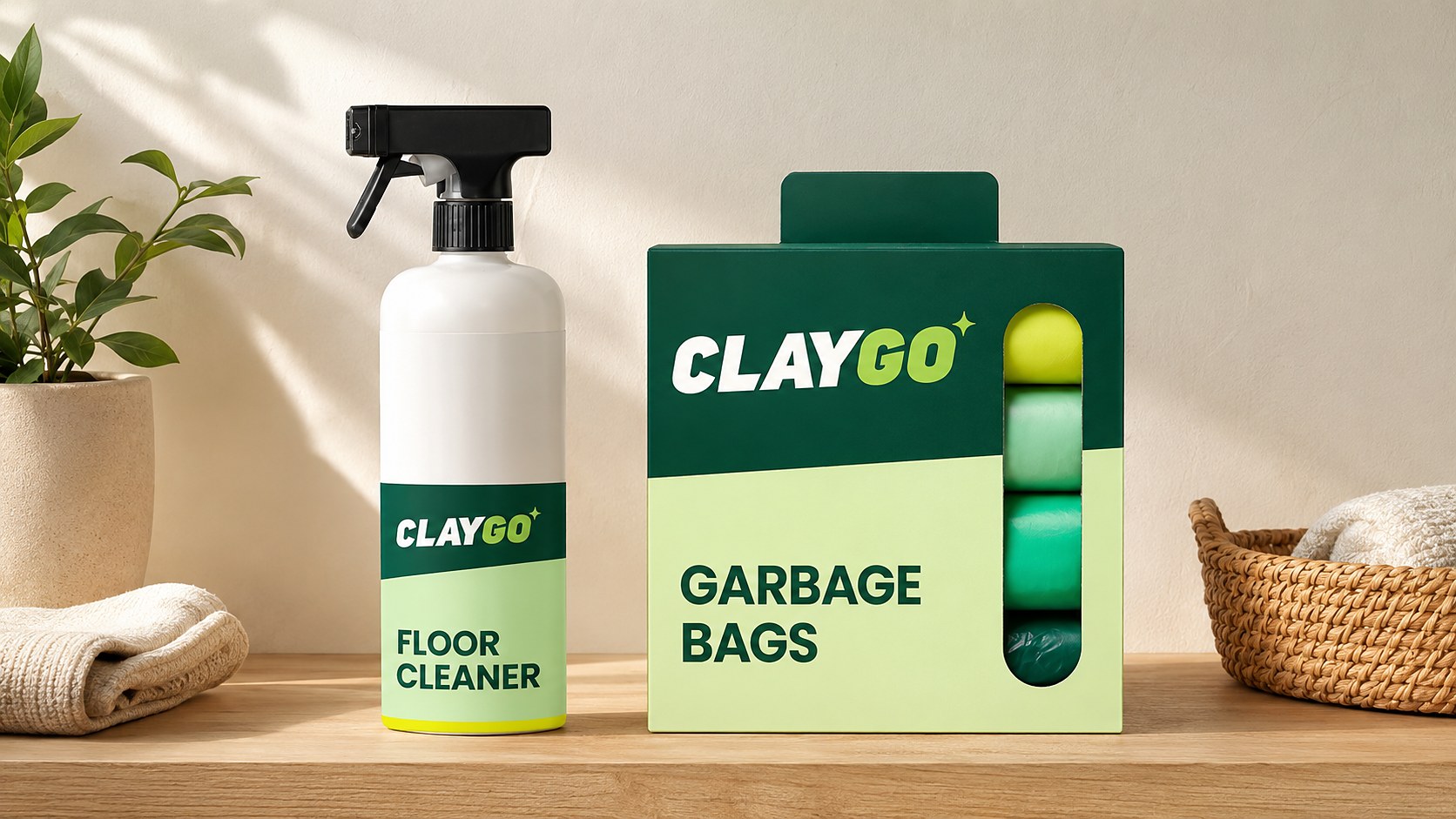 ClayGo floor cleaner and garbage bags on a wooden shelf